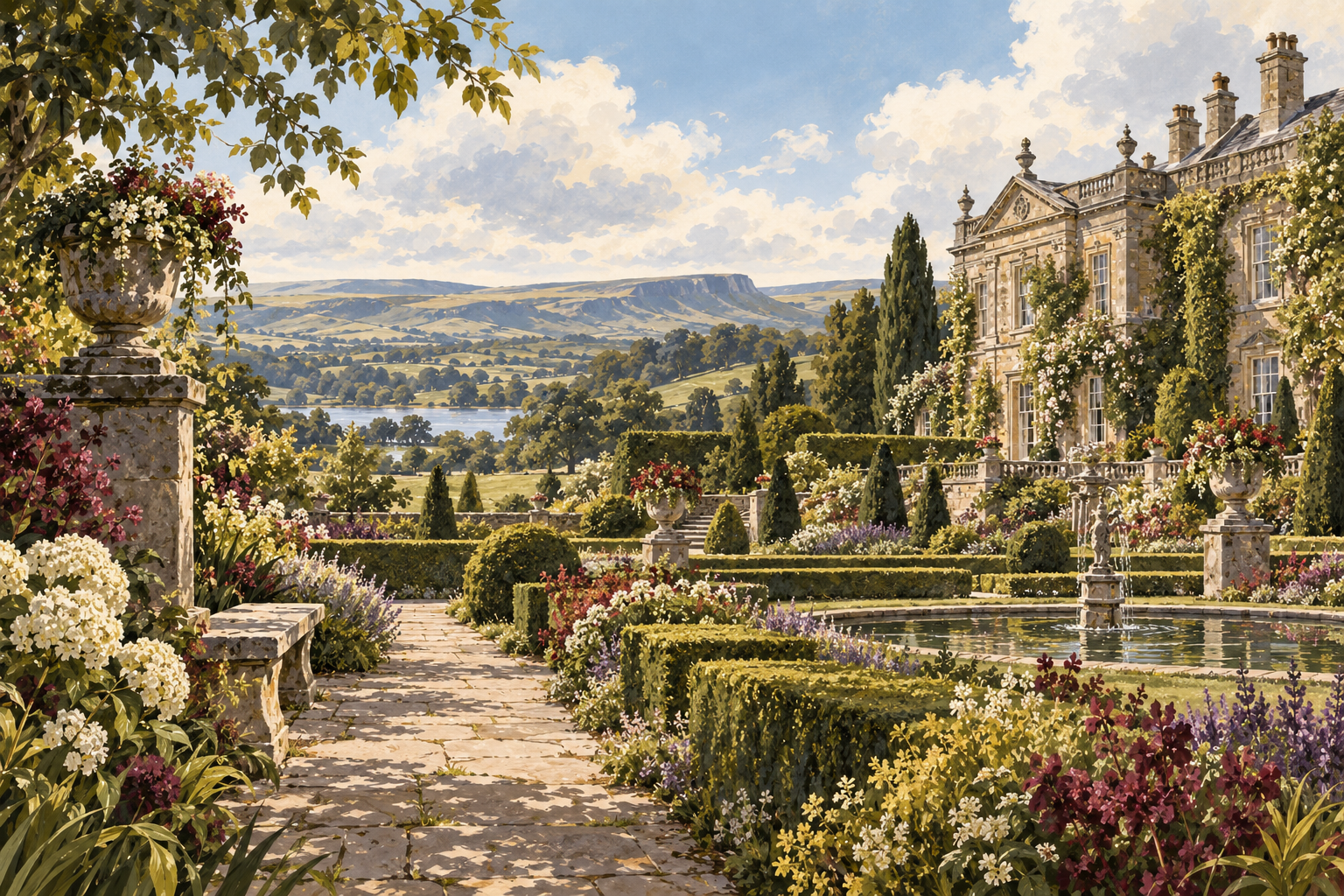 Folkshire illustration of country house garden