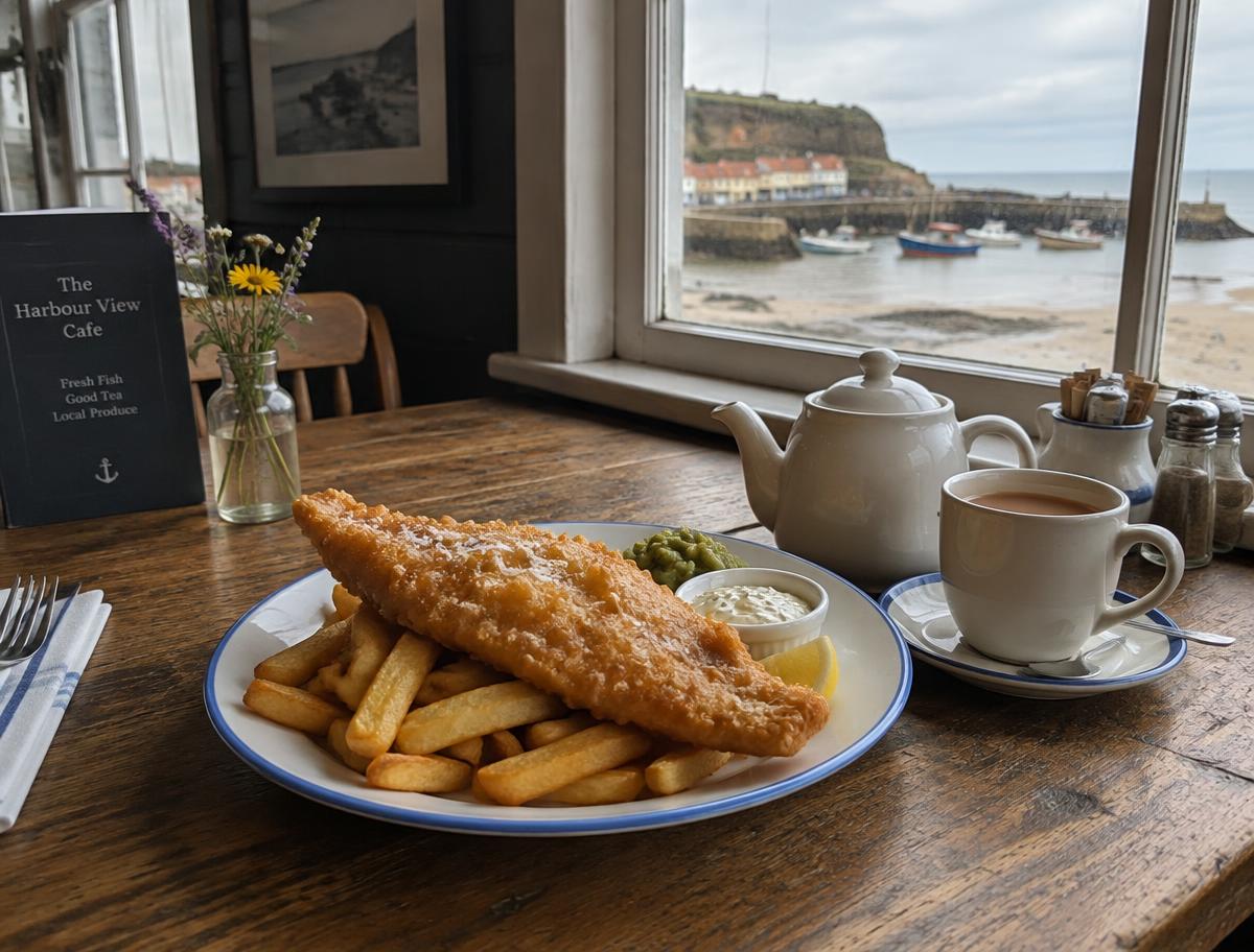 Fish and chips with a pot of tea beside a harbour window