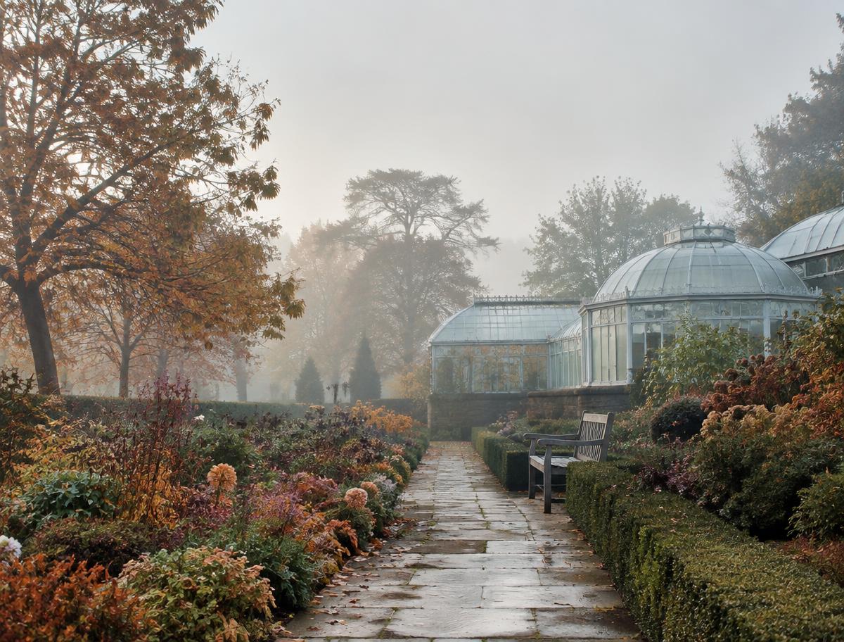 Formal garden path with glasshouse in morning mist