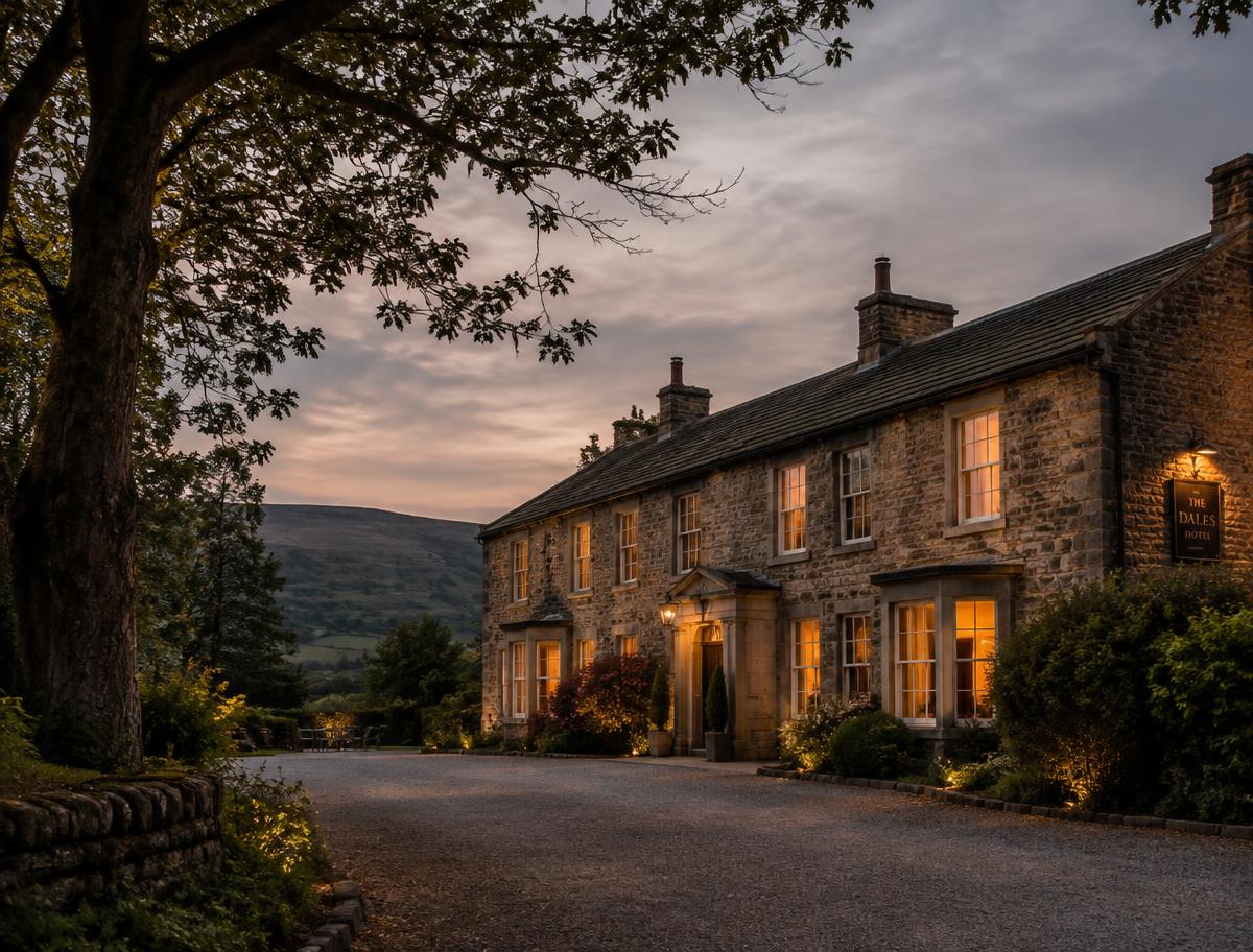 Stone country house hotel lit at dusk